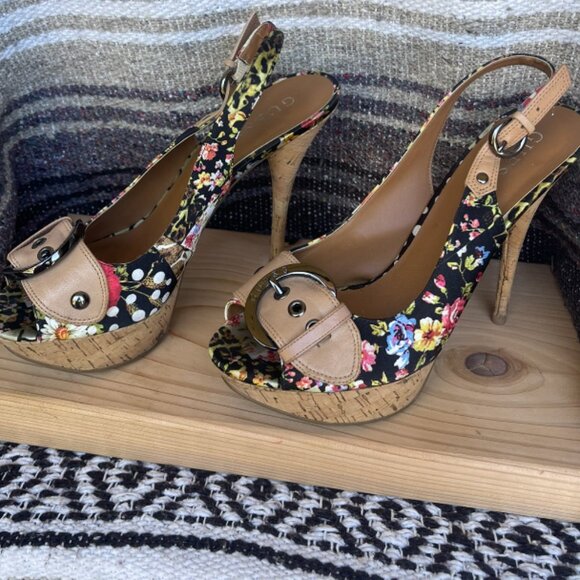 Guess corky open toe heels - black floral with box - Picture 1 of 5